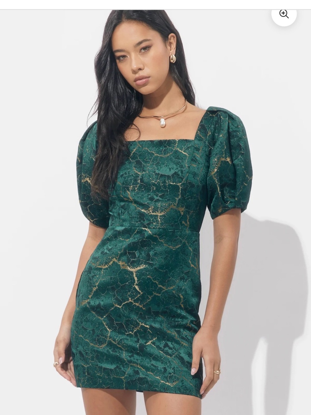 Adelyn Rae Emerald Green Puff-Sleeve Square-Neck Mini Dress with Gold Veining